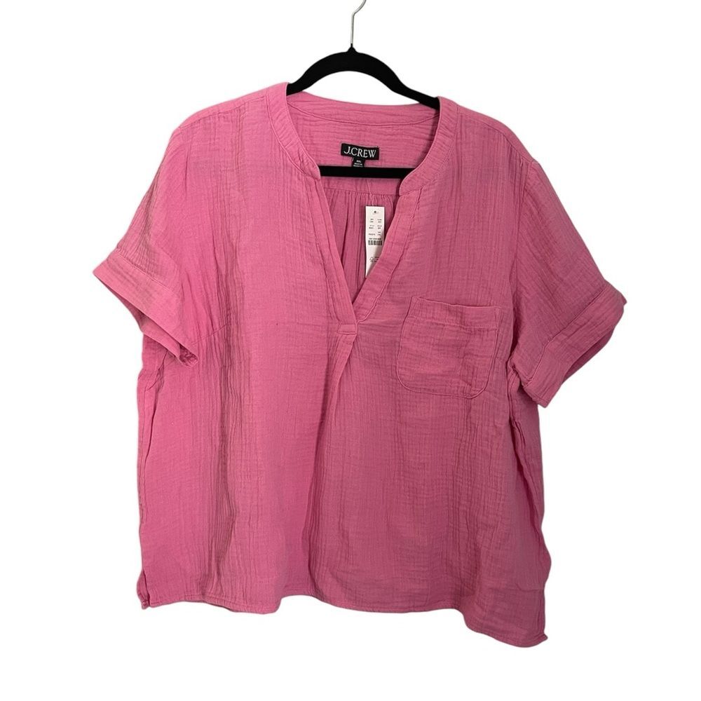 J. Crew V Neck Soft Gauze Popover Top Pink Short Sleeve Size XXL